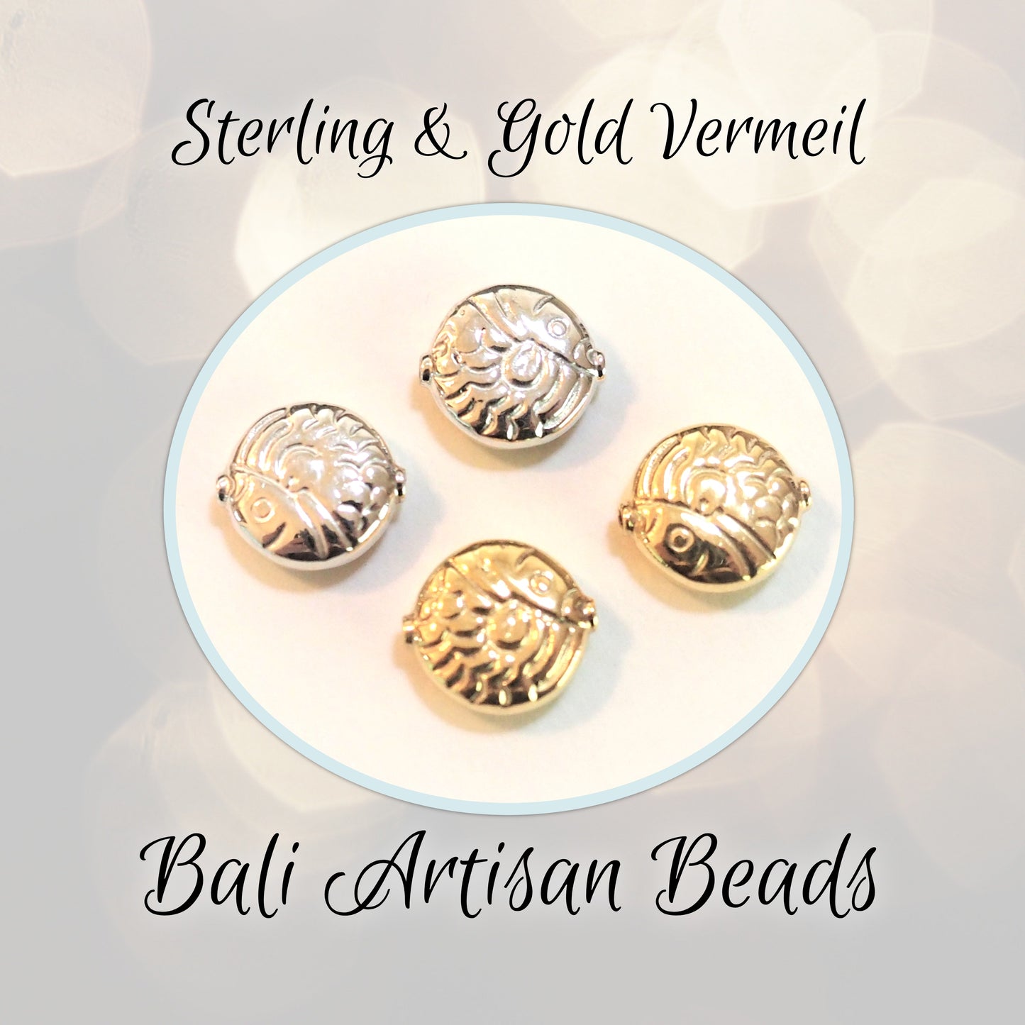 REDUCED Bali Embossed Fish Beads in Sterling or Gold Vermeil, 12mm x 4.5mm (1mm hole) - sold individually