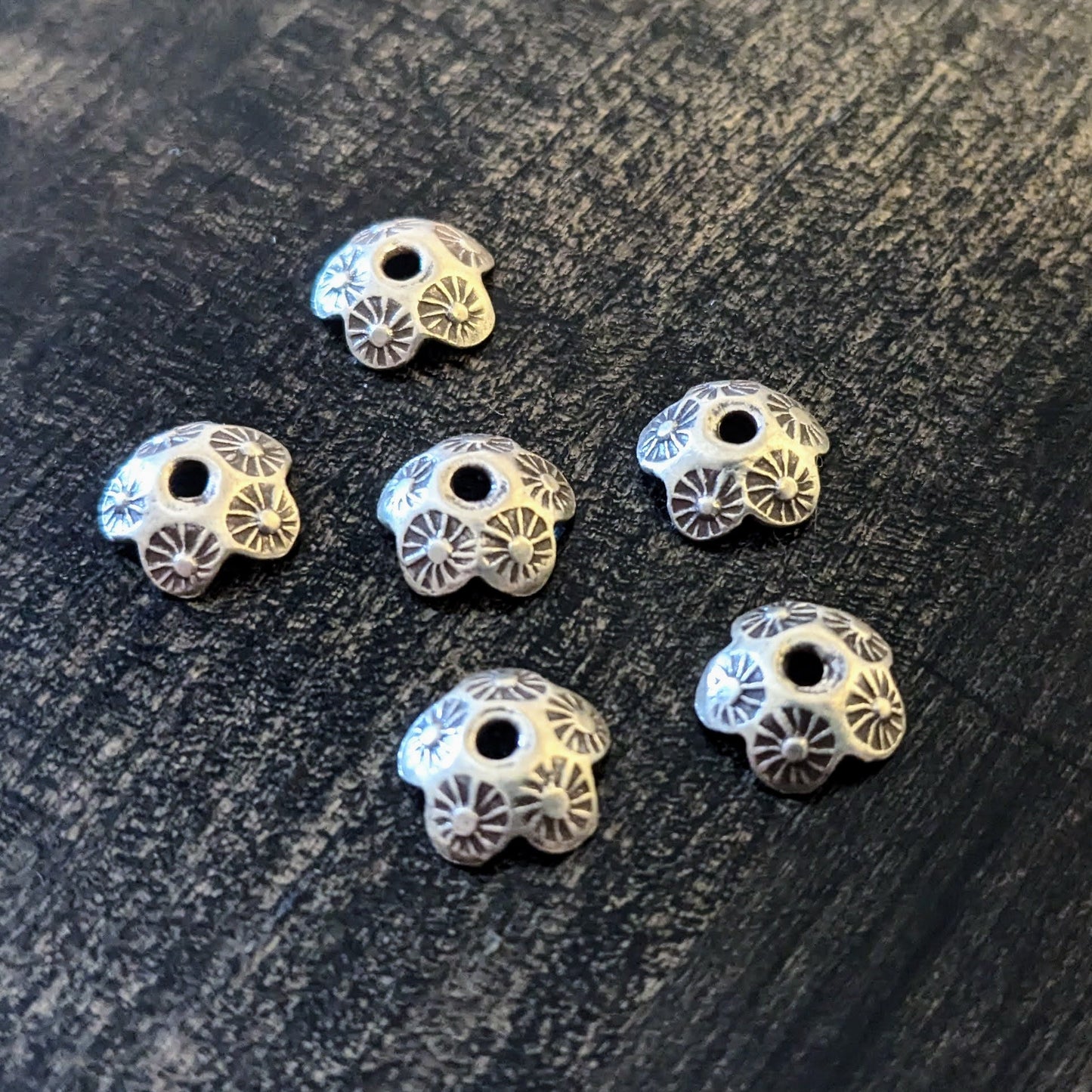 CLEARANCE Hill Tribe Flower Stamped Bead Caps, 7mm wide - sold by the pair