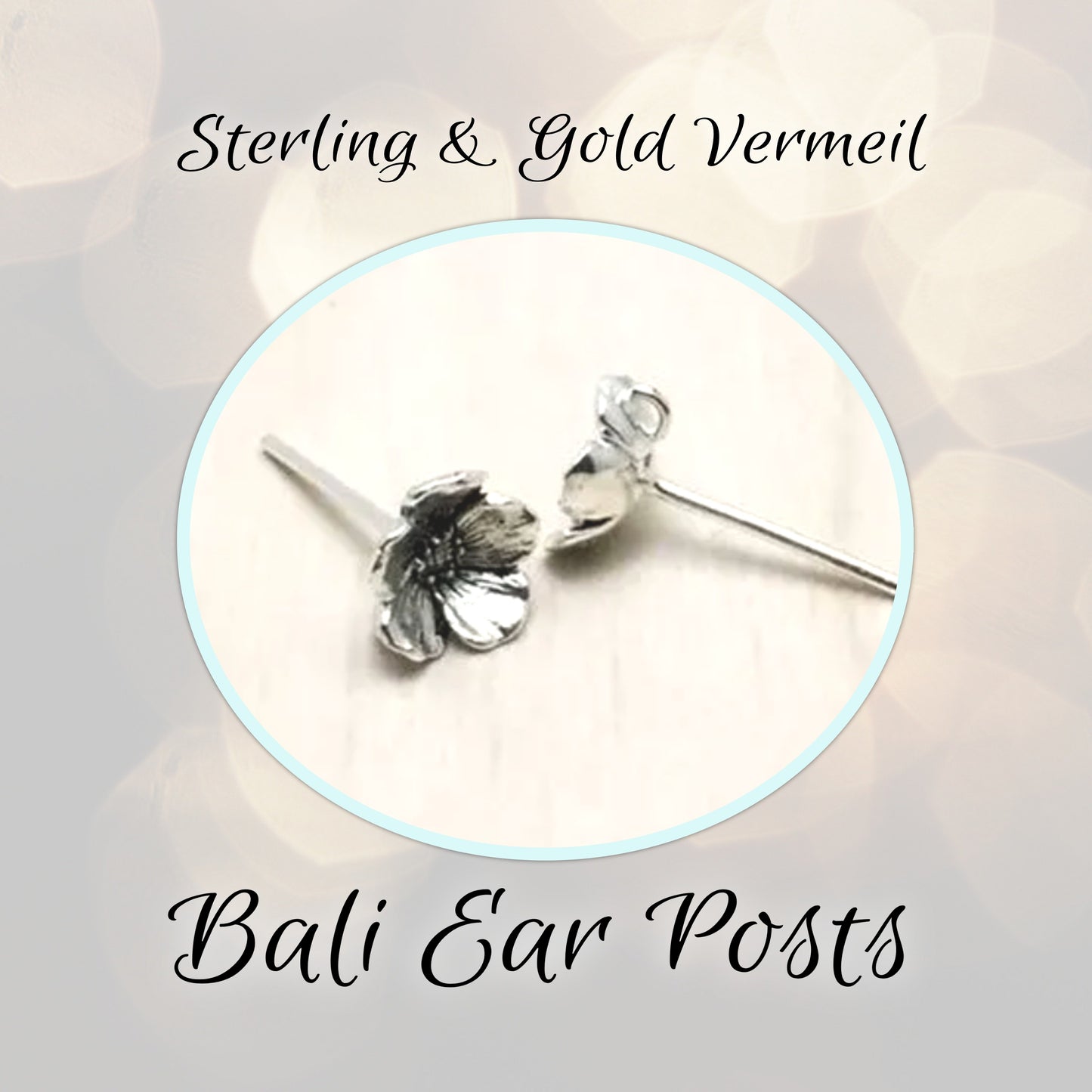 Bali Poppy Flower Earring Posts, 7.5mm flowers, backings included - sold by the pair