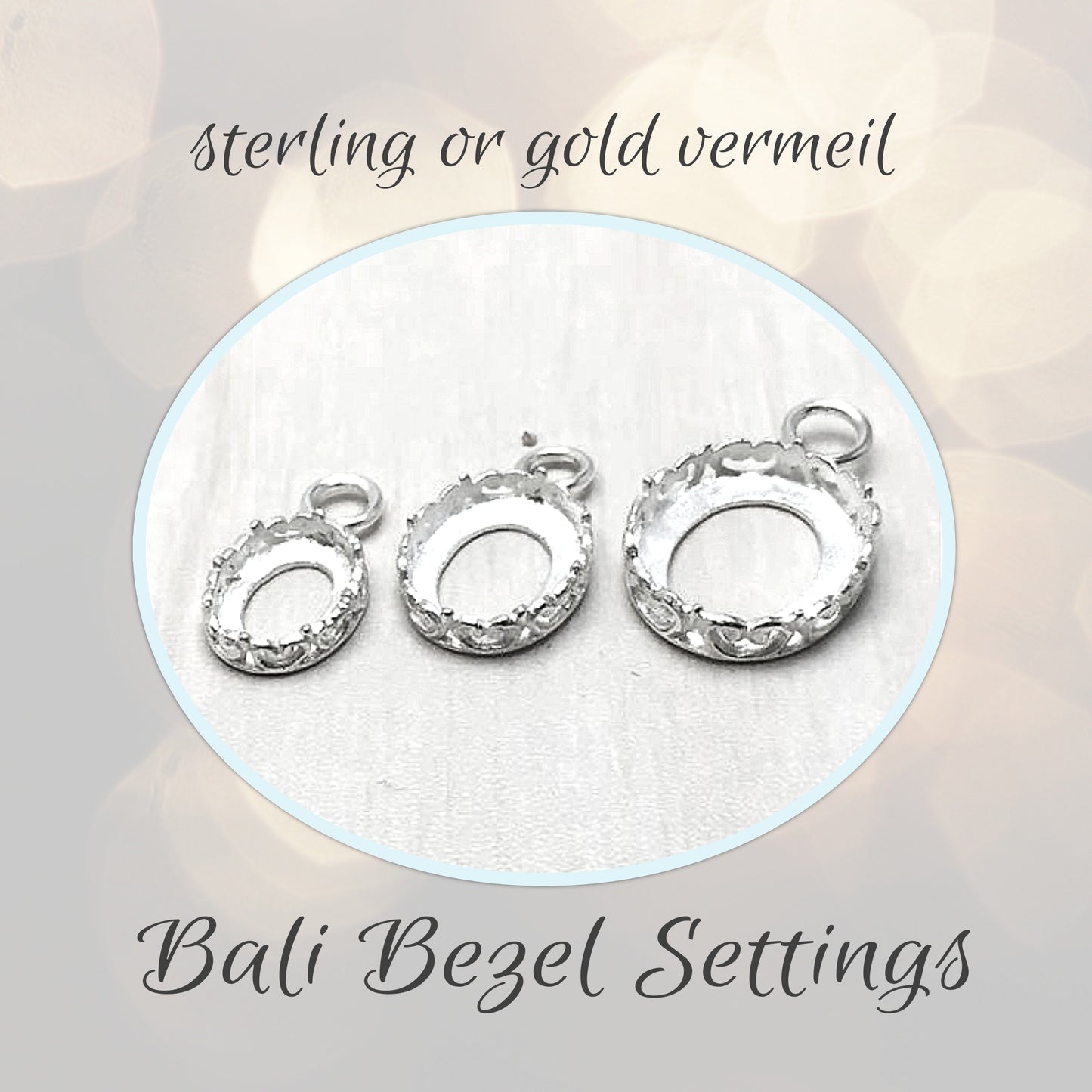 Ornate OVAL Bezel Cup Pendant with closed loop, Sterling Silver, 6x8mm, 8x10mm or 10x12mm cabochon settings - sold individually