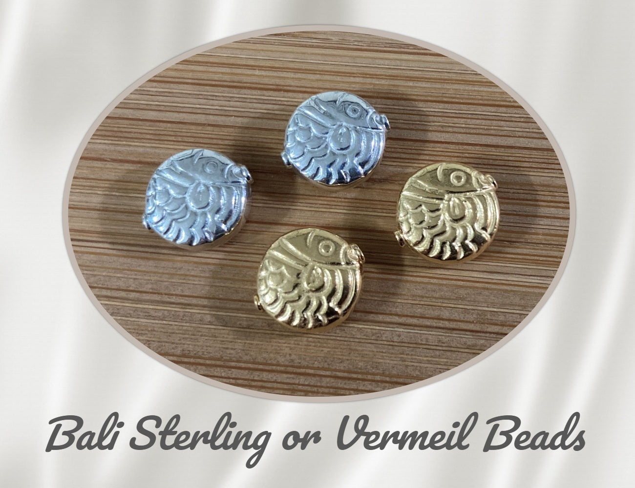 REDUCED Bali Embossed Fish Beads in Sterling or Gold Vermeil, 12mm x 4.5mm (1mm hole) - sold individually