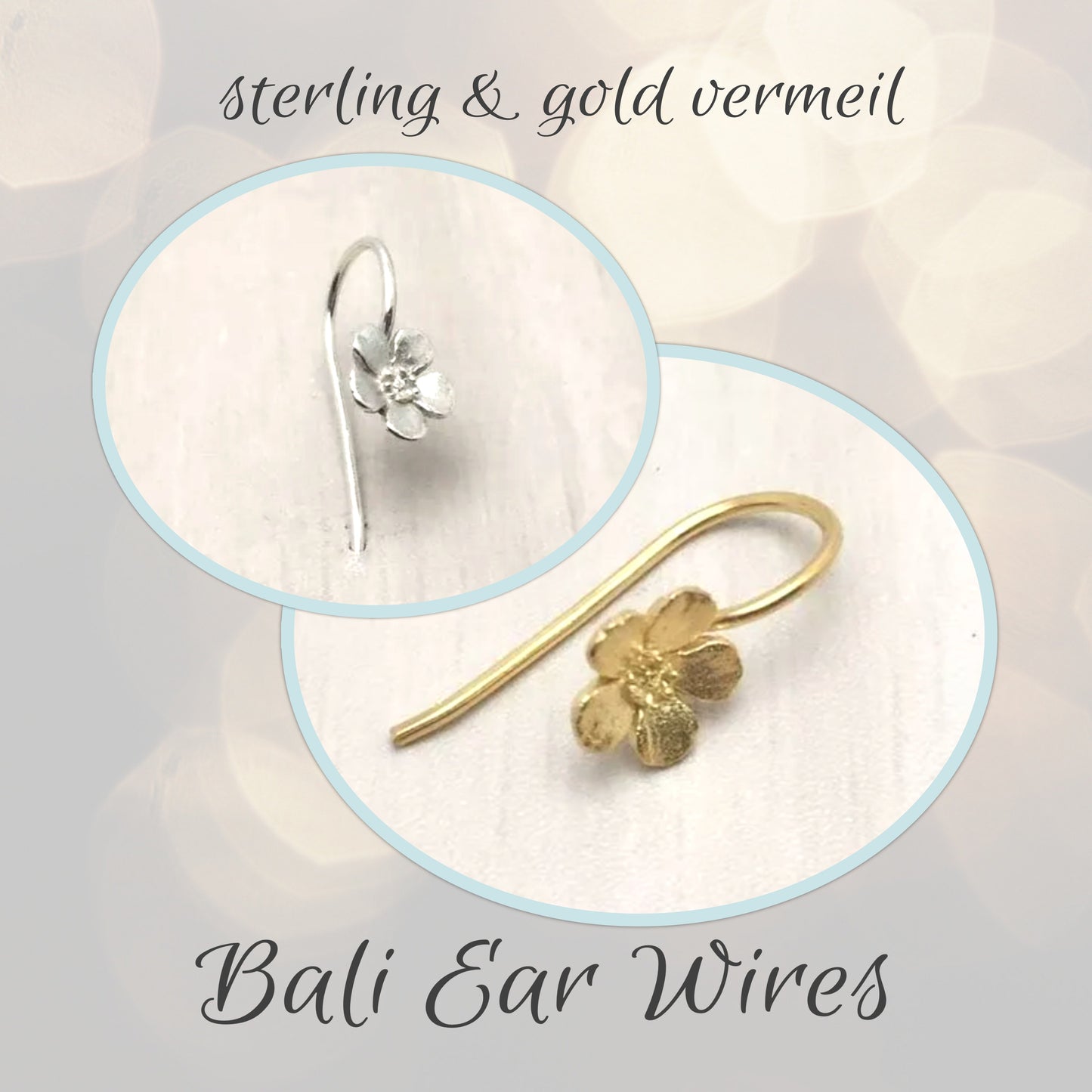 Bali Flower Ear Wires, 20mm x 10mm, 7mm flower, 20 gauge - sold by the pair
