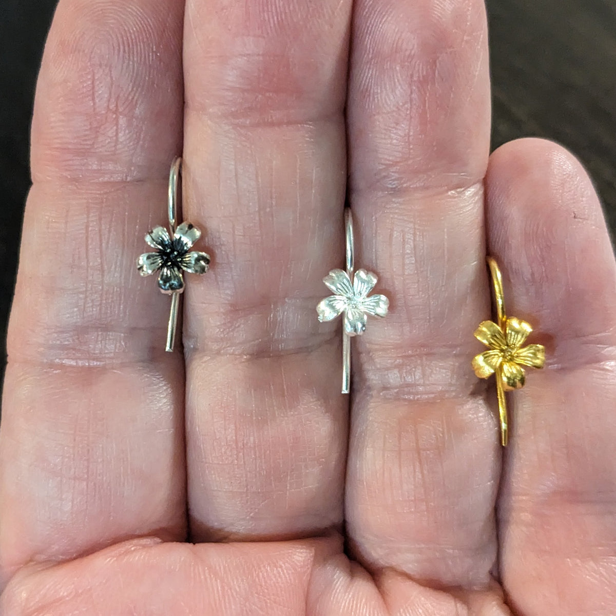 Bali BRASS Flower Ear Wires, 20mm long, 7mm flower, 20 gauge - sold by the pair