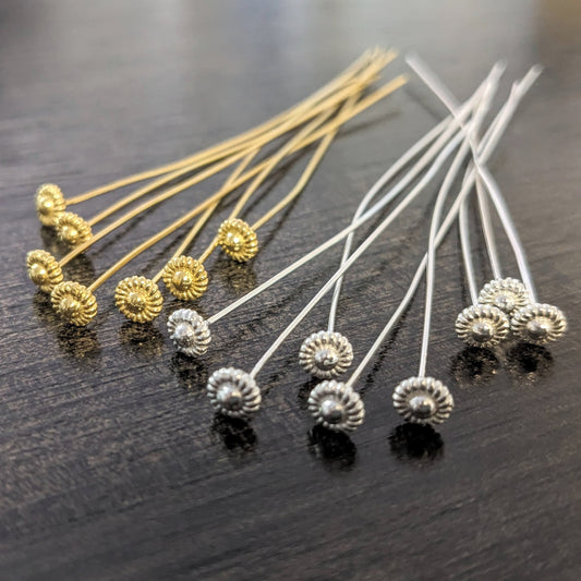 Set of 2, Bali Coil Headpins, Sterling or Gold Vermeil, 22 gauge, 75mm long, 4.6mm head - sold by the pair