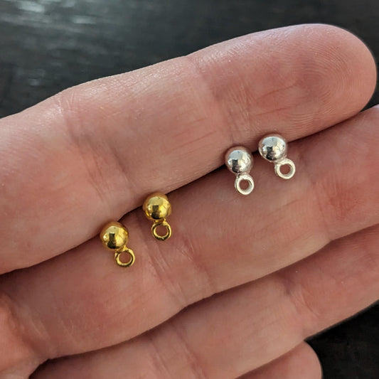 Bali 4mm Half-Ball Post Earrings, 7mm x 4mm, 3mm closed loop - one pair + backings