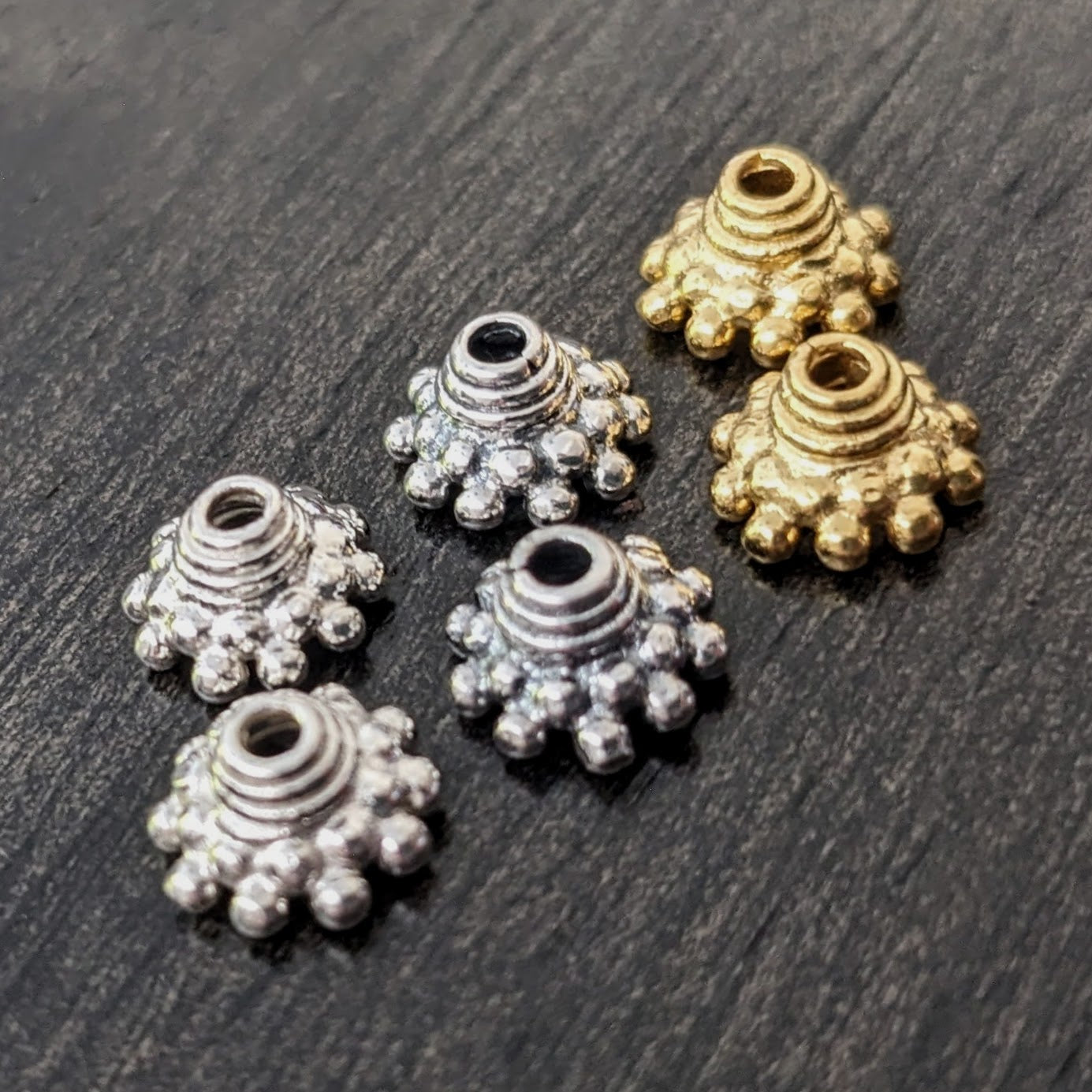 CLEARANCE Bali Granulated Bead Caps, 5.5mm x 9.5mm, 1.5mm hole - sold by the pair