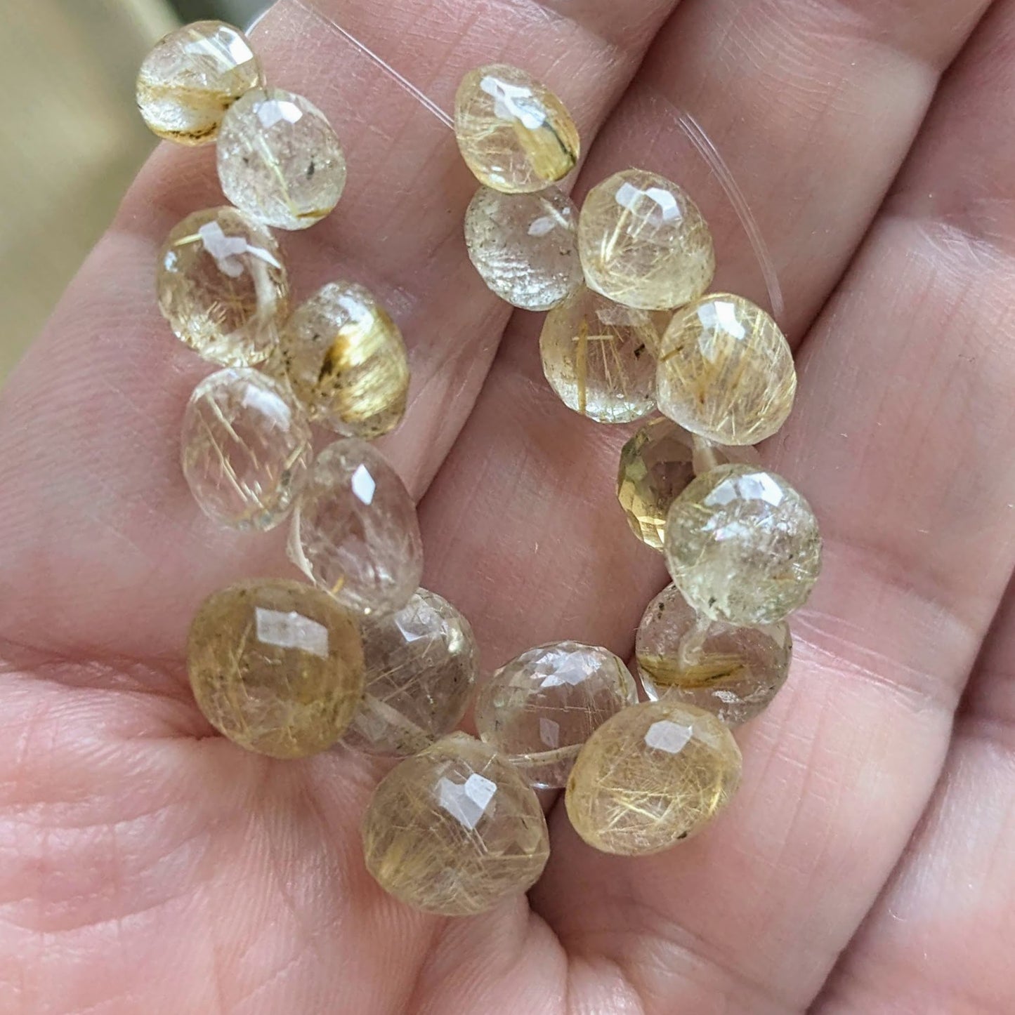 Golden Rutilated Quartz Faceted Onion Briolettes, 6-9mm wide, 19 pieces