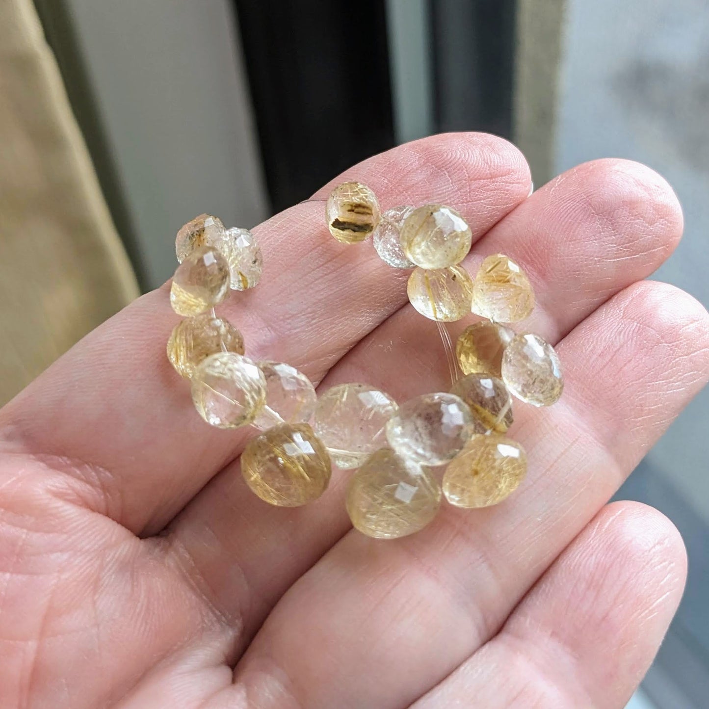Golden Rutilated Quartz Faceted Onion Briolettes, 6-9mm wide, 19 pieces