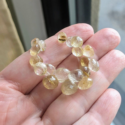 Golden Rutilated Quartz Faceted Onion Briolettes, 6-9mm wide, 19 pieces