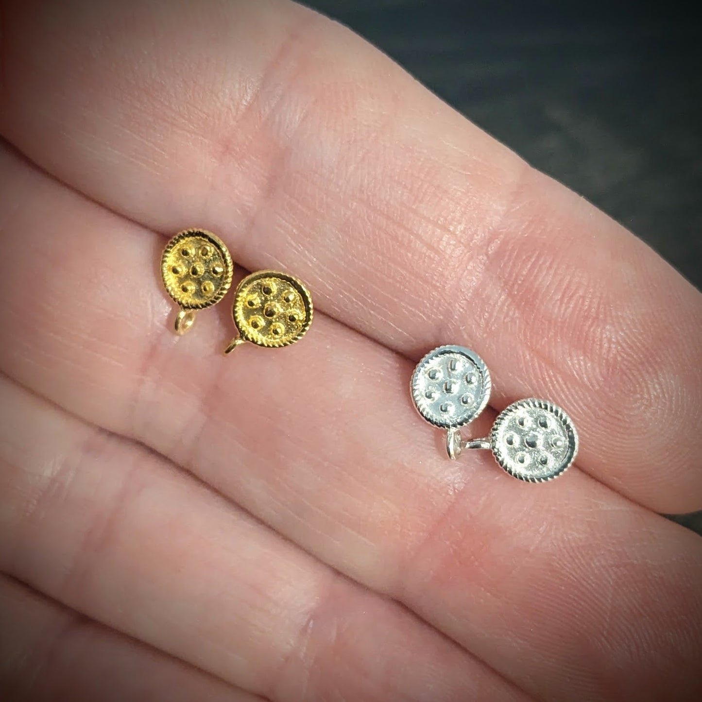 Bali Dotted Earring Posts, 6.5mm x 8.5mm, 2.5mm closed loop - one pair + backings