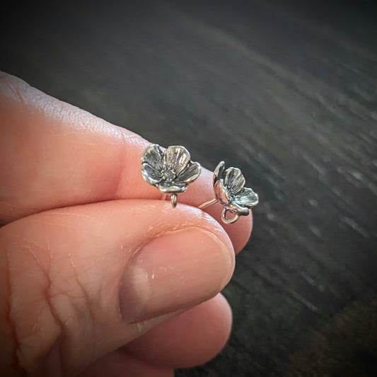 Bali Poppy Flower Earring Posts, 7.5mm flowers, backings included - sold by the pair