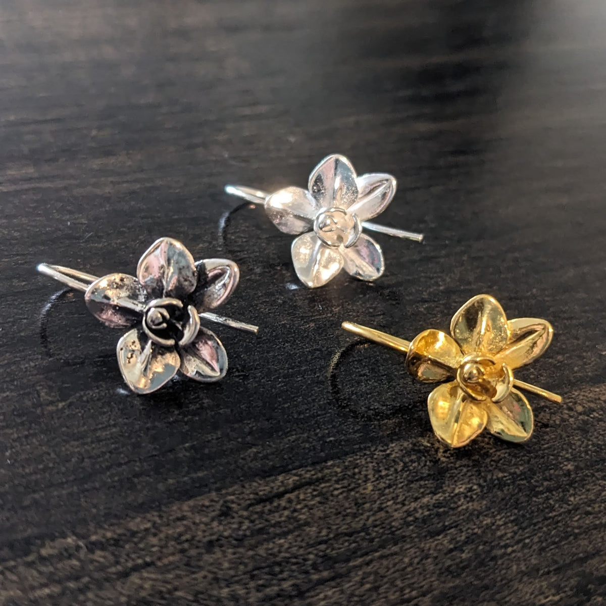 Bali BRASS Large Orchid Ear Wires, 20mm long, 13.5mm flower, 20 gauge - sold by the pair