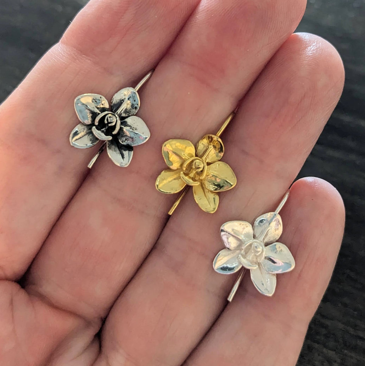 Bali BRASS Large Orchid Ear Wires, 20mm long, 13.5mm flower, 20 gauge - sold by the pair