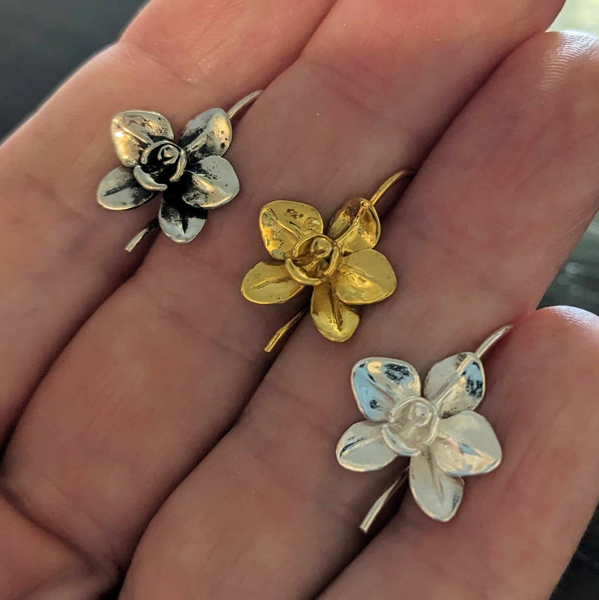 Bali BRASS Large Orchid Ear Wires, 20mm long, 13.5mm flower, 20 gauge - sold by the pair