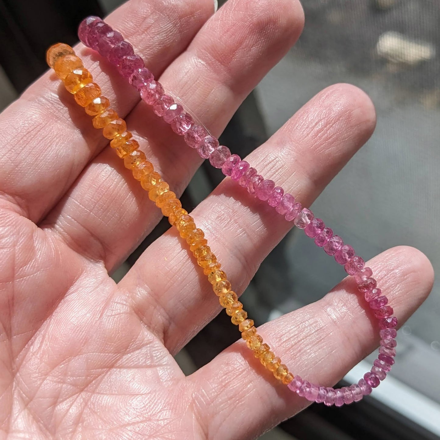 Dynamic Duo: Pink Sapphire & Mandarin Orange Garnet Faceted Rondelles, 7-3/4" strand of 2.5-5.5mm beads